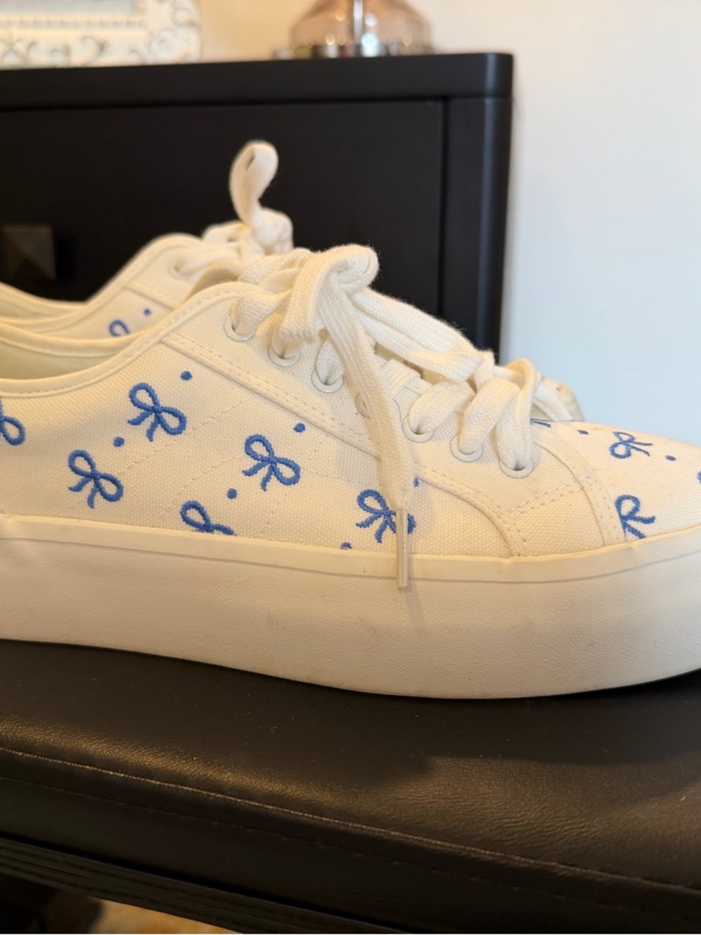 Sincerely Jules White Canvas Sneakers with Blue Bow Accents